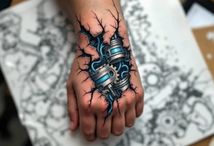 This full-hand design features torn skin revealing chrome gears and pistons with icy blue wiring. tattoo idea