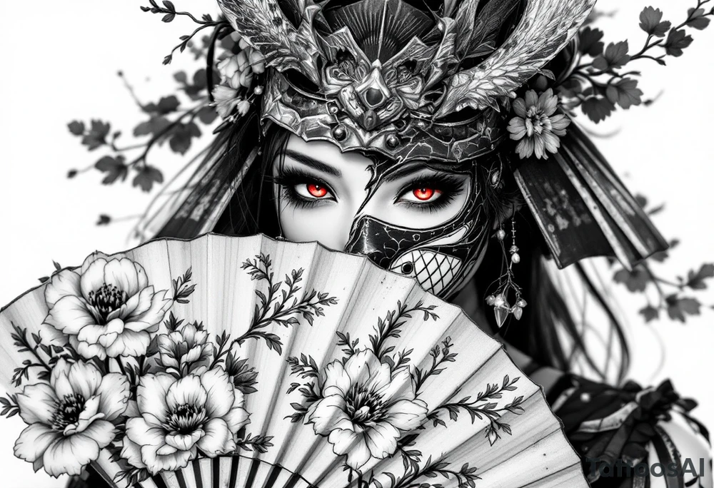 Woman samurai with red eyes wearing an half and broken kitsune mask, holding a japanese fan with belamcada flowers tattoo idea