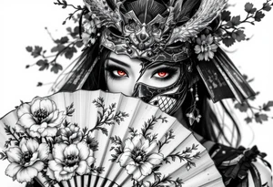 Woman samurai with red eyes wearing an half and broken kitsune mask, holding a japanese fan with belamcada flowers tattoo idea