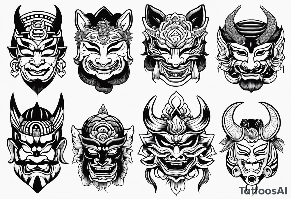Variety of Japanese masks flash sheet tattoo idea
