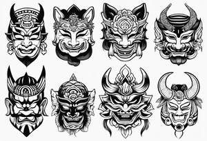 Variety of Japanese masks flash sheet tattoo idea