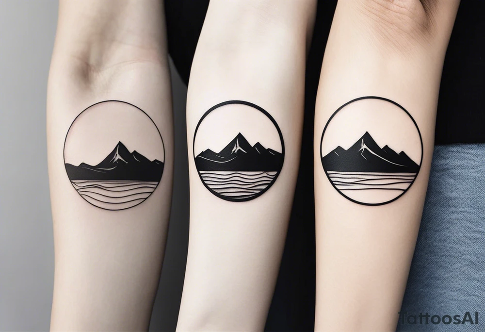 A minimalist black-and-white tattoo design, intended to be placed just above the inner elbow. The design features a thin, open circle symbolizing a cycle or new beginning. Inside the circle is a small, stylized mountain silhouette, simple and clean, representing stability and growth. From the base of the mountain, a fine, gently wavy line resembling a lifeline extends outward from the circle, symbolizing life’s journey with its ups and downs. The style is delicate and refined, with clean, thin lines for a subtle yet powerful symbol. tattoo idea