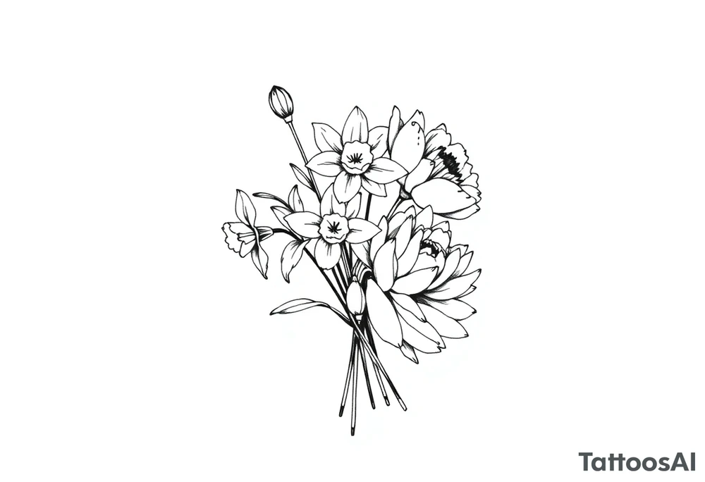 small daffodils, jonquils, chrysanthemum and peony in a bouquet tattoo idea