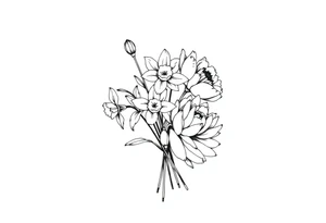 small daffodils, jonquils, chrysanthemum and peony in a bouquet tattoo idea