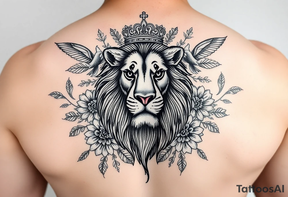 powerful majestic lion with a crown, surrounded by floral ornaments and birds tattoo idea