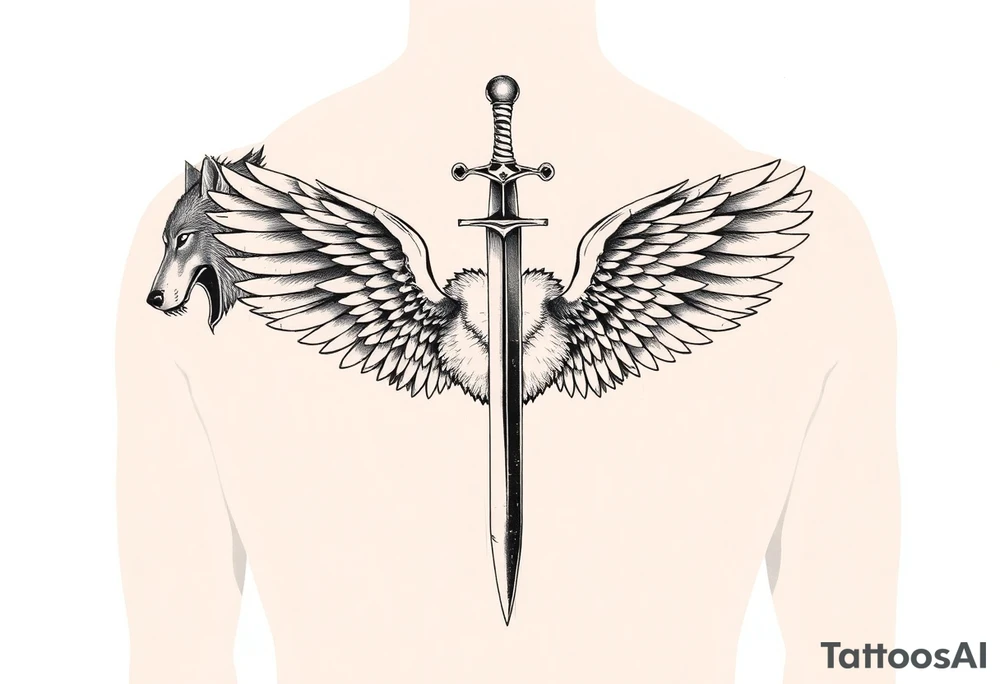 You'll ask me 10 questions mixing personality, character, life experience and intimacy. Then you'll synthesize all this and generate Polynesian tattoos on both arms. You'll also generate a sword with lots of relief and detail, with the blade surrounded by a parchment written in fine italic lettering “Sword of Damocles”. Next, you'll need to generate a wolf that will be on the left side of my back, its head biting my shoulder. On my chest, I'd like two angel wings with lots of finesse, relief and detail. All tattoos will be personalized according to the answers to the questions above. tattoo idea