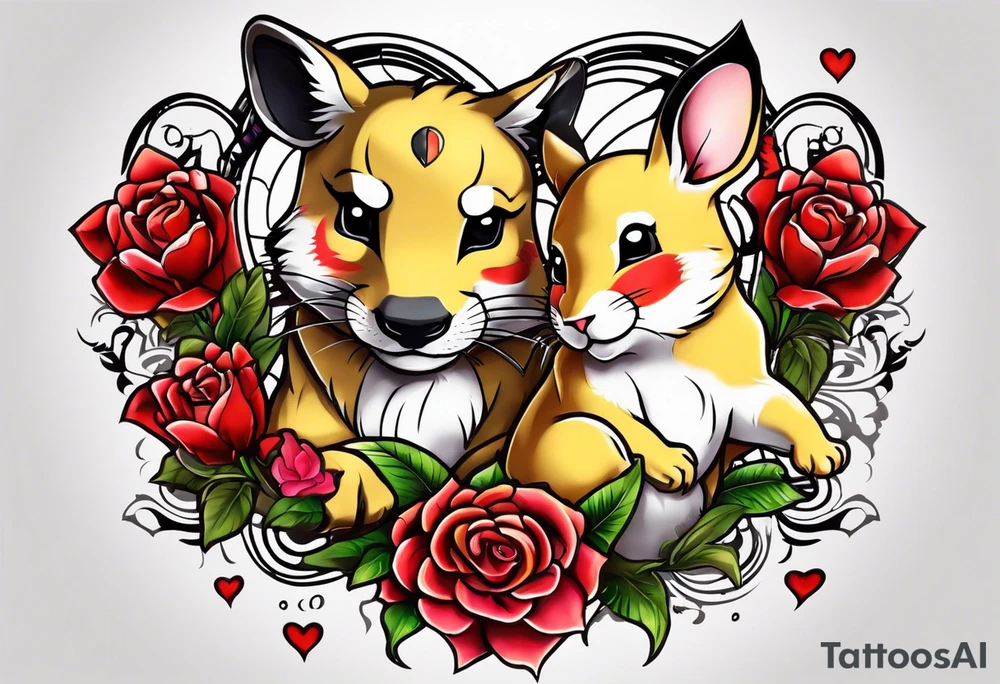 Pickachu and lioness with lilies hearts and music notes tattoo idea
