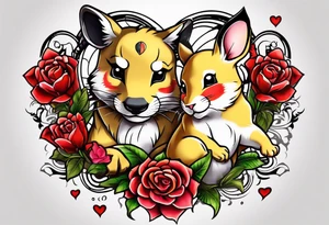 Pickachu and lioness with lilies hearts and music notes tattoo idea