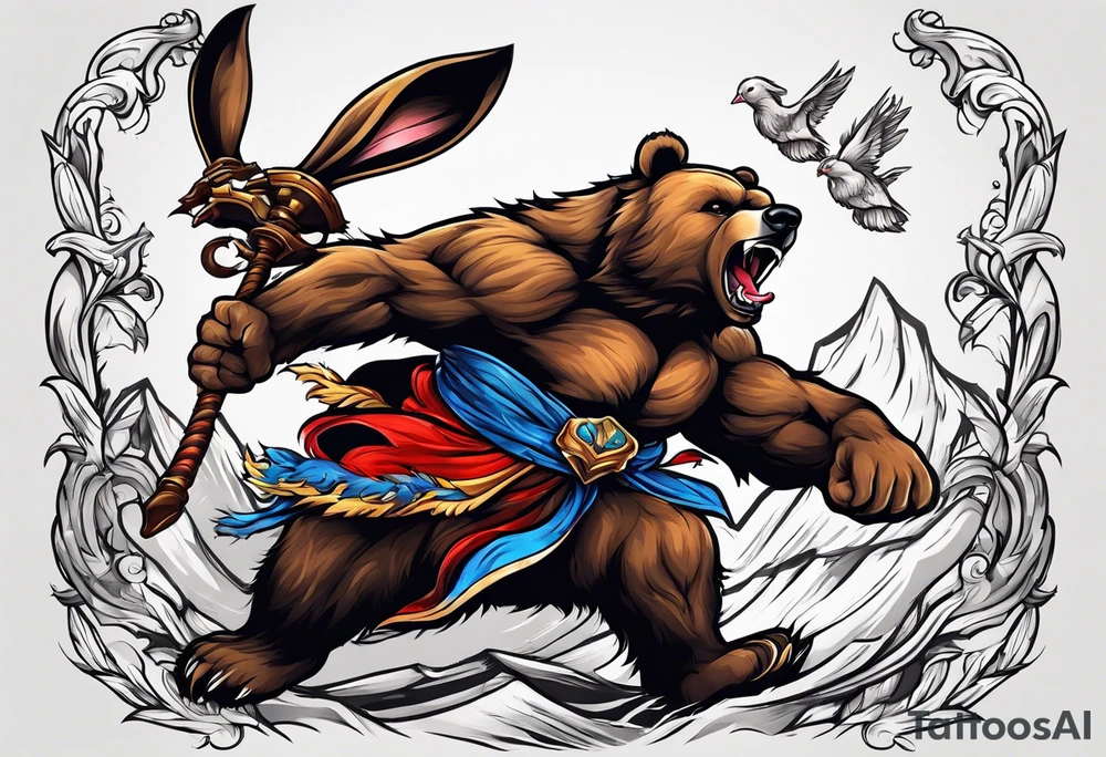 Muscular bear and strong rabbit fighting tattoo idea