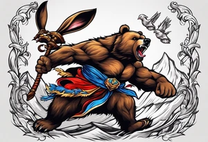 Muscular bear and strong rabbit fighting tattoo idea