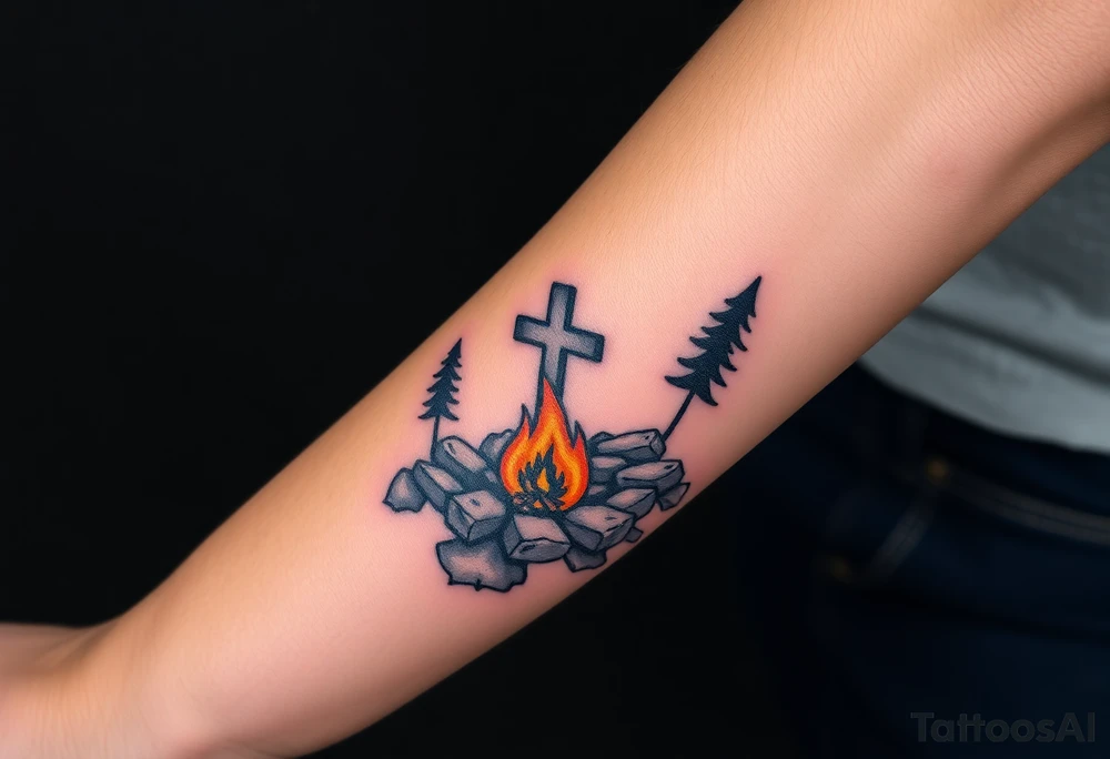 Campsite with a campfire with a cross tattoo idea
