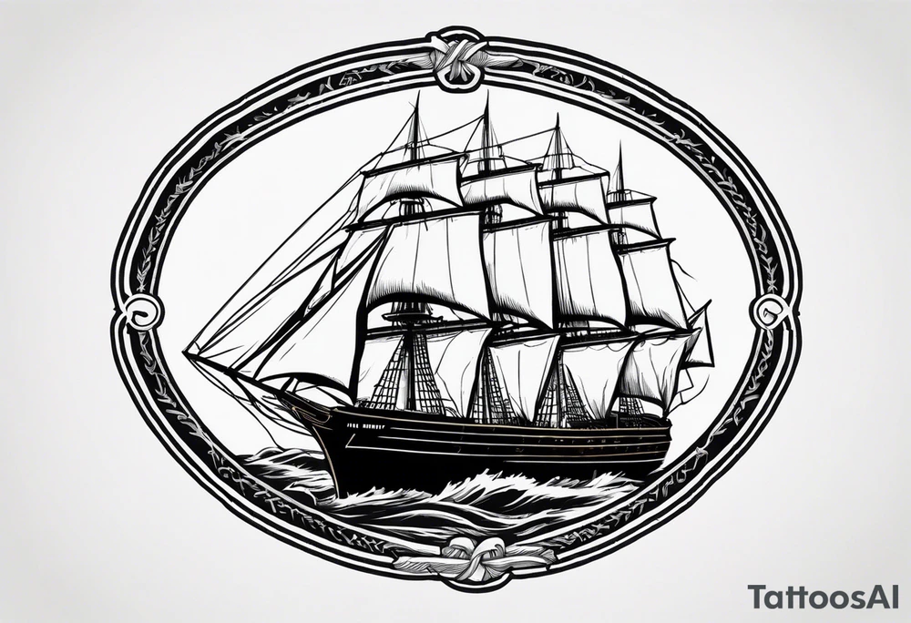 sailing ship in rough seas, front porfile, in oval with rope border, super imposed over crossed cannons, banner at bottom that says US Navy tattoo idea