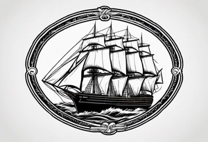 sailing ship in rough seas, front porfile, in oval with rope border, super imposed over crossed cannons, banner at bottom that says US Navy tattoo idea
