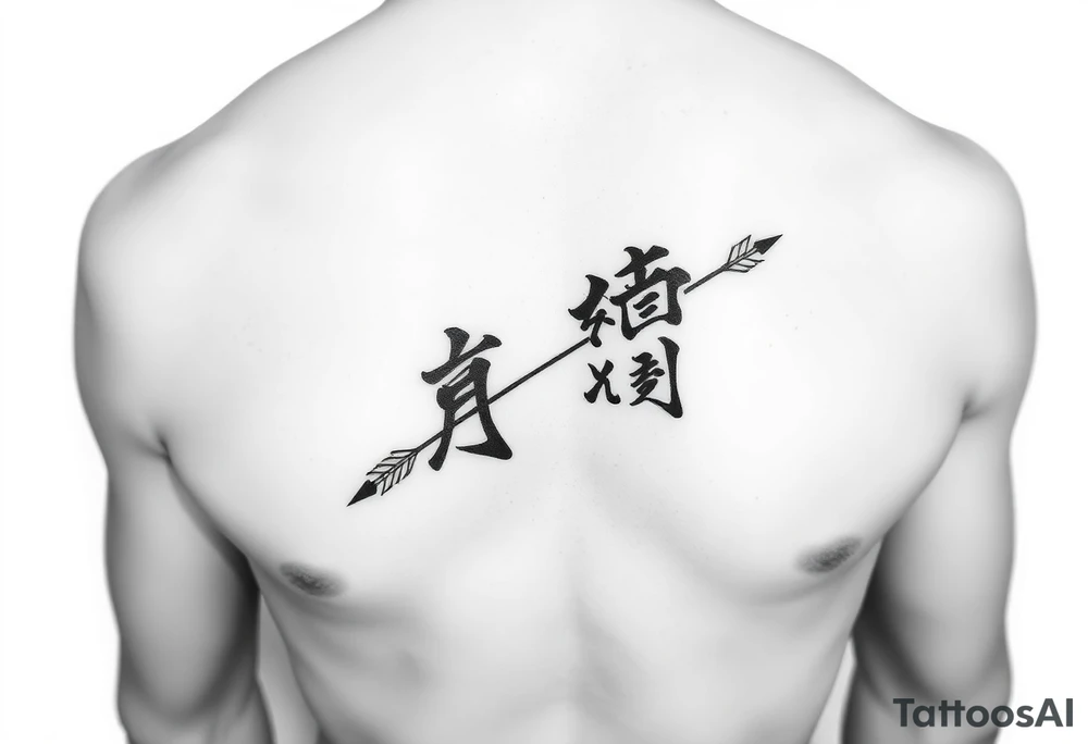 japanese writing with bow and arrow on right chest tattoo idea