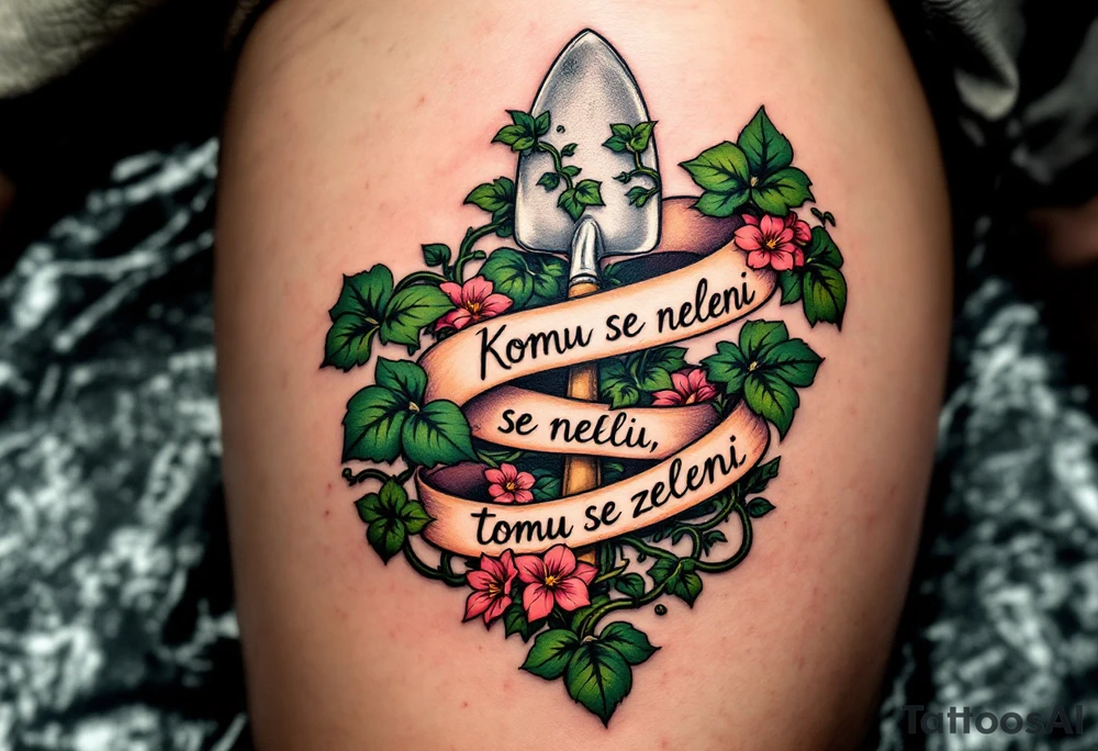 "Komu se neleni, tomu se zeleni." — Lush green vines wrapping around a pair of hard-working hands holding a trowel, with the phrase blooming along the handle. tattoo idea