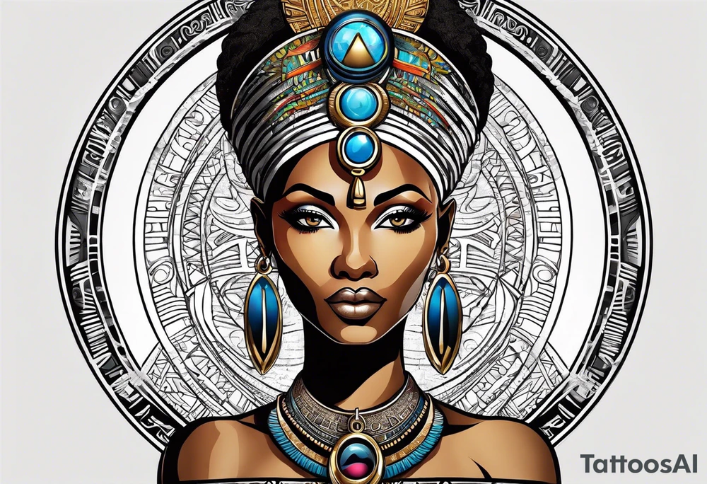 African Goddess wearing the eye of Horus and Ankh symbol tattoo idea