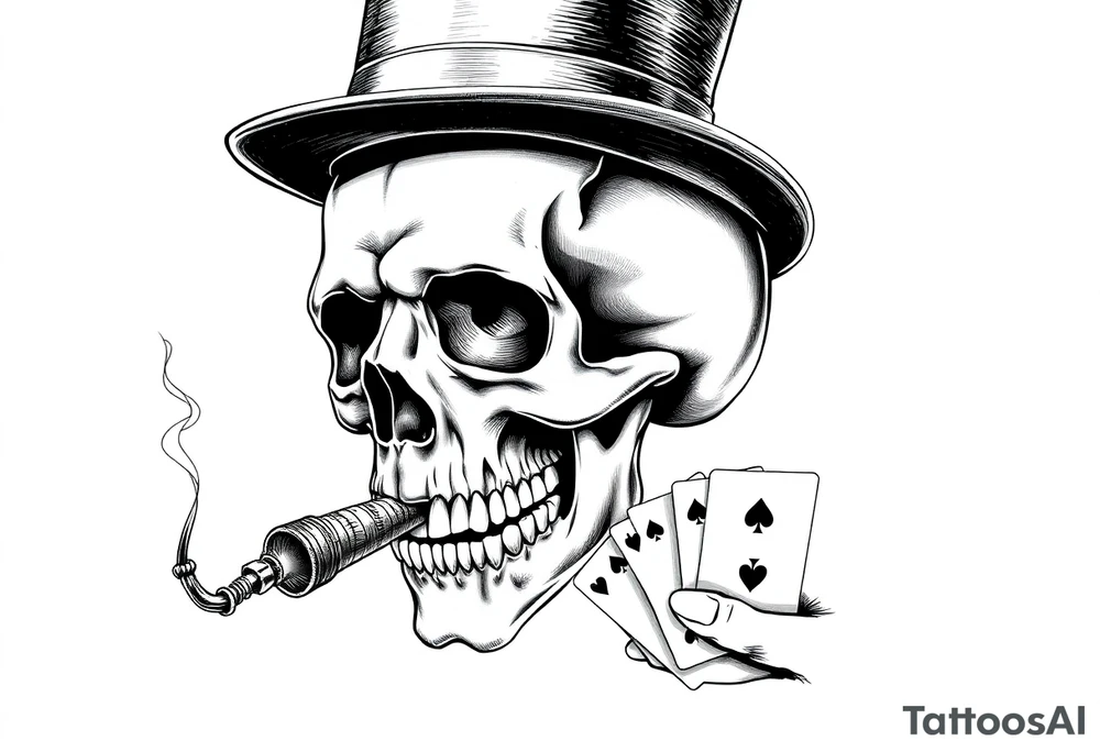 a skull with mustache, a big cigar in his mouth,top-hat on his head and playing cards in a hand. tattoo idea