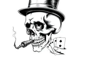a skull with mustache, a big cigar in his mouth,top-hat on his head and playing cards in a hand. tattoo idea