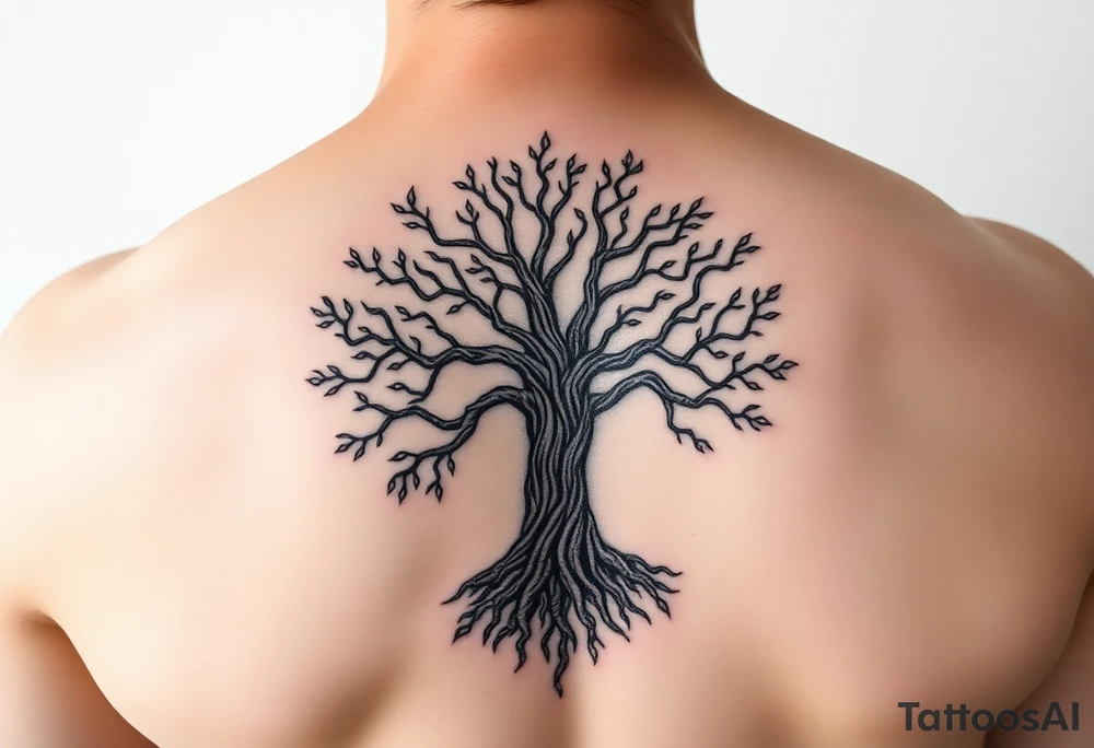 mystical tree of life with cosmic roots and celestial branches tattoo idea