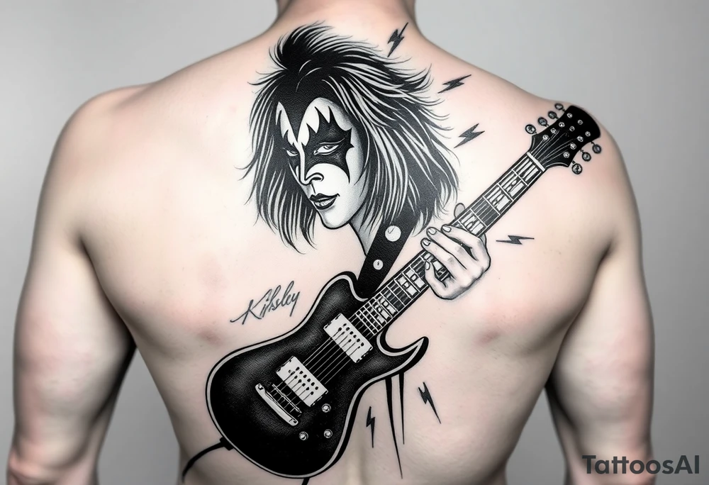 Create art for a tattoo. It will be a sleeve tattoo based on KISS guitarist Ace Frehley and his character designed make up. Abstract. Include his guitar, lightning bolts, his autograph, design of his make up. tattoo idea