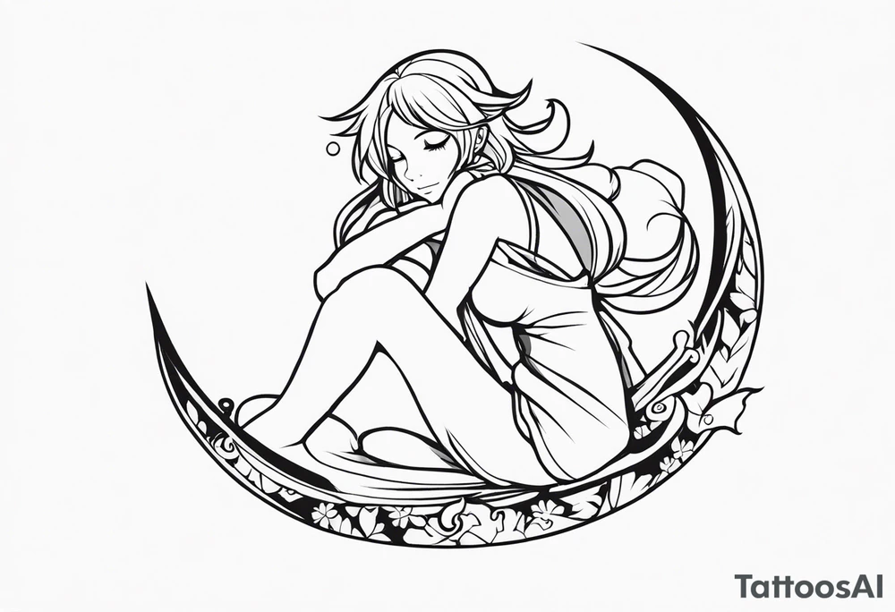 No color fairy with a tail inspired by the logo of the anime show called Fairy Tail in a fetal position leaning in and forward while sleeping tattoo idea