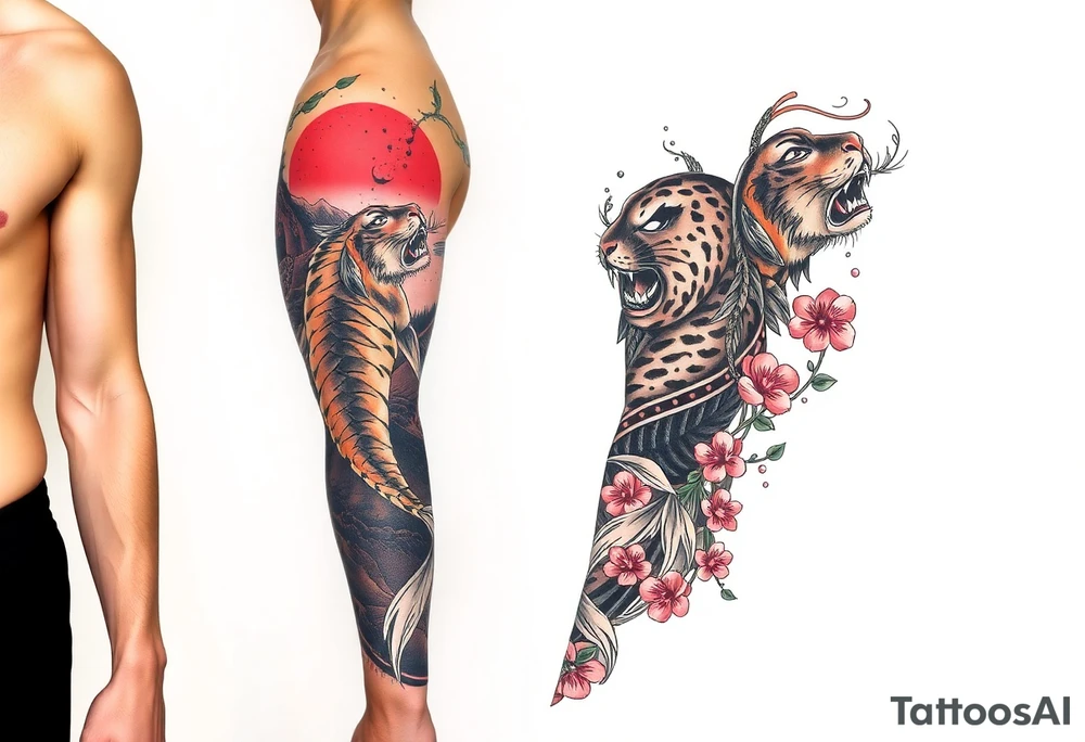 Full arm sleeve, koi fish, tiger, the sun, cherry blossom filler, beautiful tattoo idea