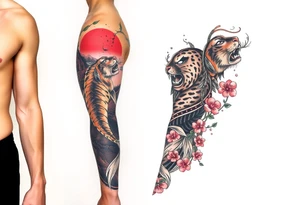 Full arm sleeve, koi fish, tiger, the sun, cherry blossom filler, beautiful tattoo idea