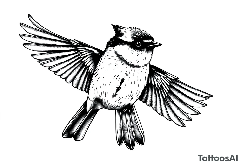 top profile of a tufted titmouse flying with its wings out and forward tattoo idea