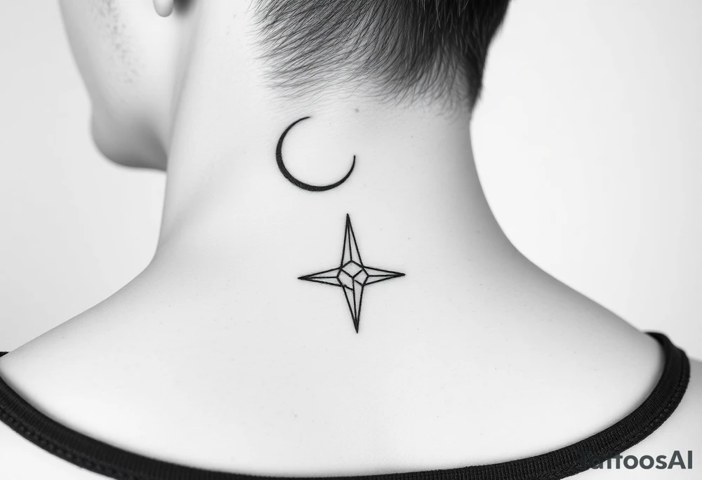 A minimalist crescent moon neck tattoo with a sleek, modern design. The crescent moon is positioned at the top, curving to the left, with a thin, clean line. Below the moon, there is a vertical line intersected by a sharp, star-like shape with four points. The star shape has elongated top and bottom points, giving it a clean, symmetrical look. The tattoo is placed behind the ear, following the natural curve of the neck. The lines are crisp and delicate, creating a stylish, celestial vibe." tattoo idea