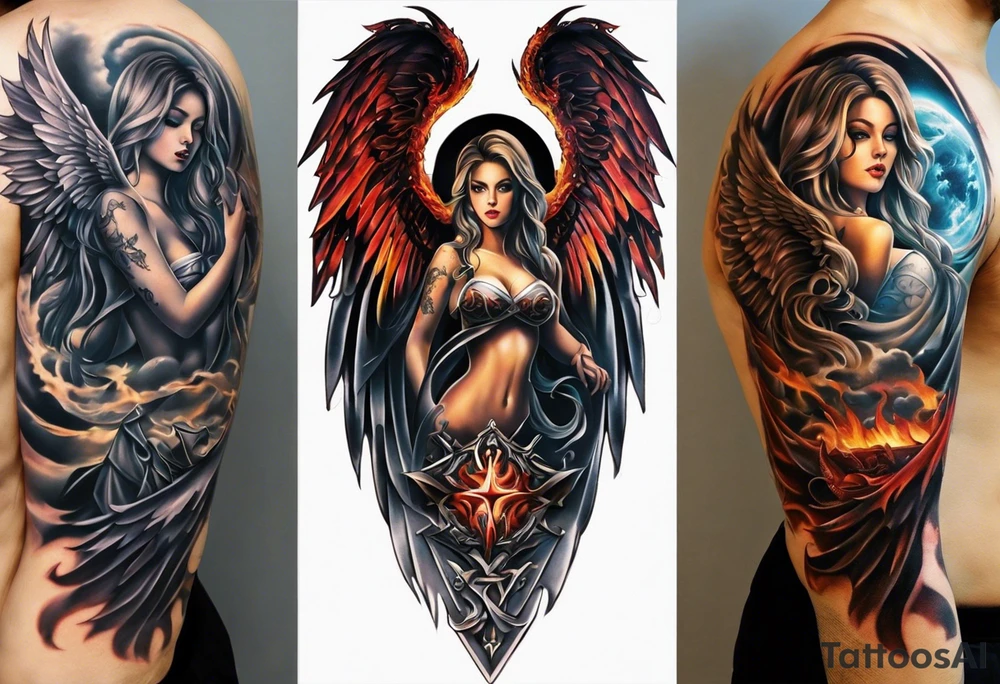 Chest tattoo design split down the middle with a beautiful girl as the centre piece. Angel/heaven side on the left with a staircase going up. Devil/hell side on the right with a staircase going down. Clouds on the angel side. Flames on the hell side. One angel wing & one devil wing as background features. tattoo idea