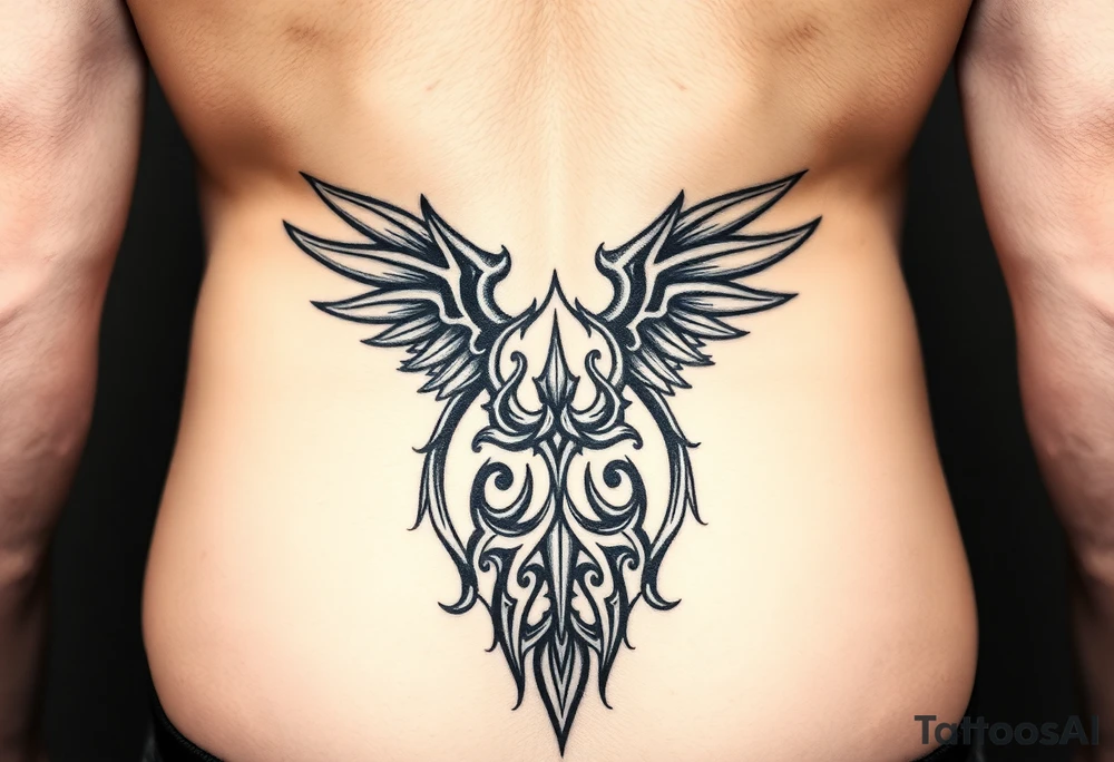 Each tribal piece for below the belly button on a male that runs from hip to center of the groin kind of Gothic eclectic just nice more manly and sexy tattoo idea