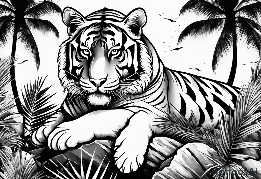 tiger laying on palm tree tattoo idea