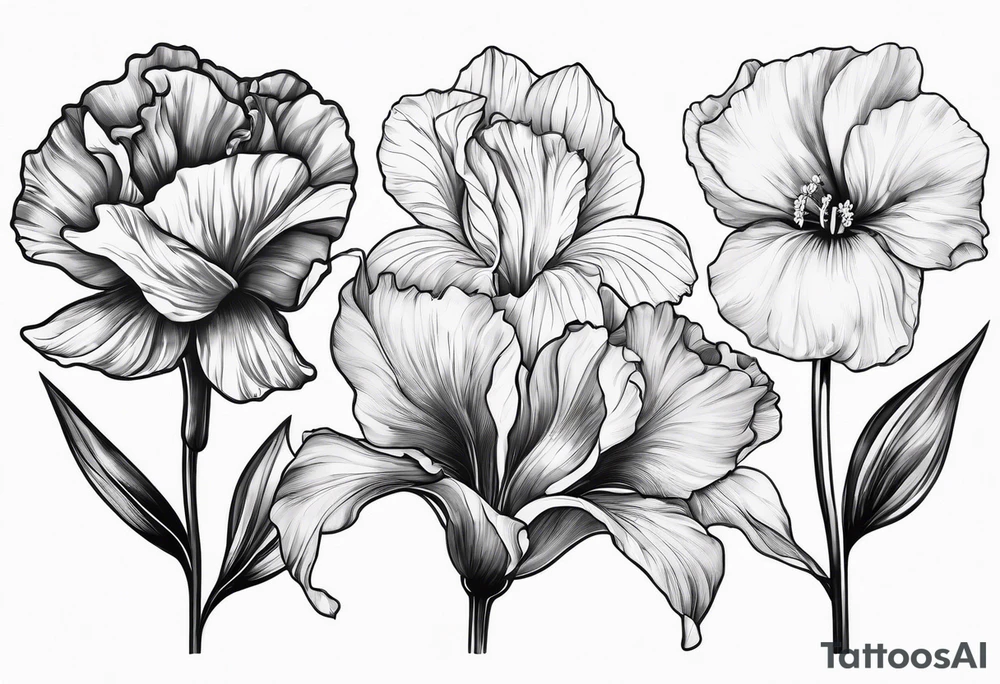 One carnation
One snow drop
One iris
One poppy
One cosmo
One narcissus
Surrounding the silohette of a woman tattoo idea