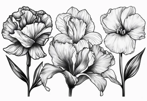 One carnation
One snow drop
One iris
One poppy
One cosmo
One narcissus
Surrounding the silohette of a woman tattoo idea