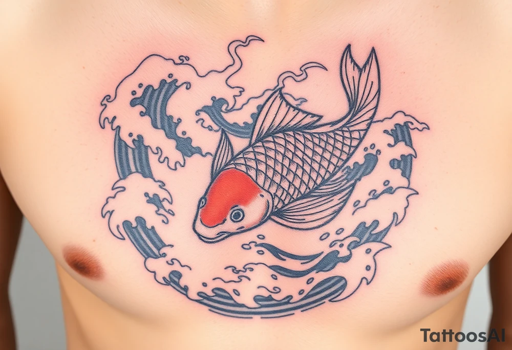 traditional koi fish swimming upstream through turbulent waves tattoo idea