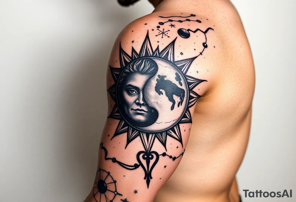 celestial sun and moon embrace with constellation patterns tattoo idea