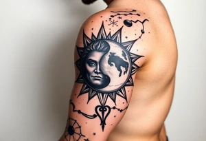 celestial sun and moon embrace with constellation patterns tattoo idea
