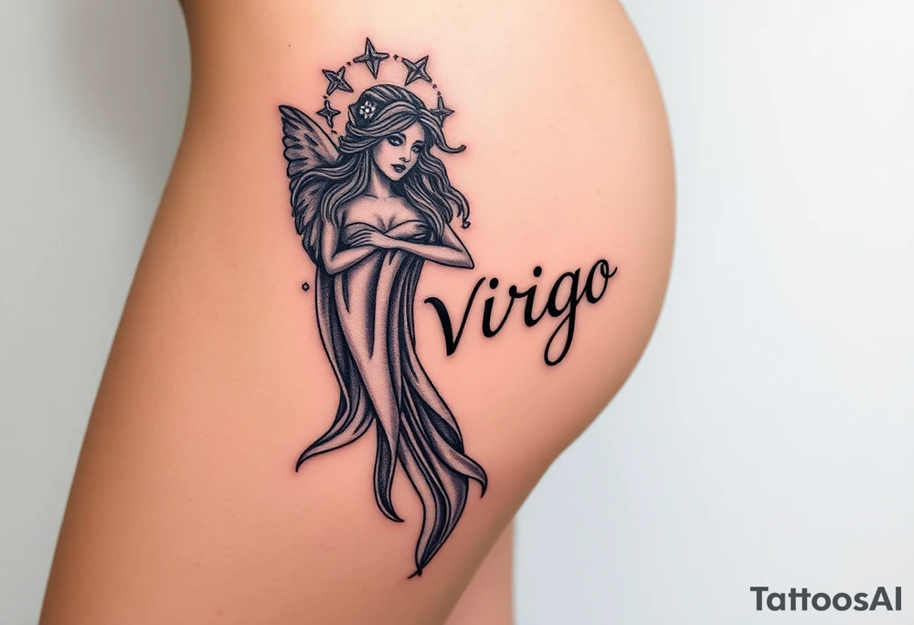 A celestial woman with glowing silver robe on her skin with word virgo tattoo idea