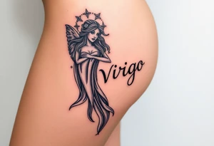 A celestial woman with glowing silver robe on her skin with word virgo tattoo idea
