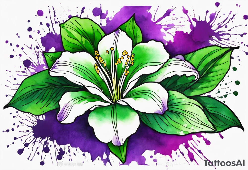 An outline of a green rio dipladenia flower and a green and purple watercolor splash in the background tattoo idea