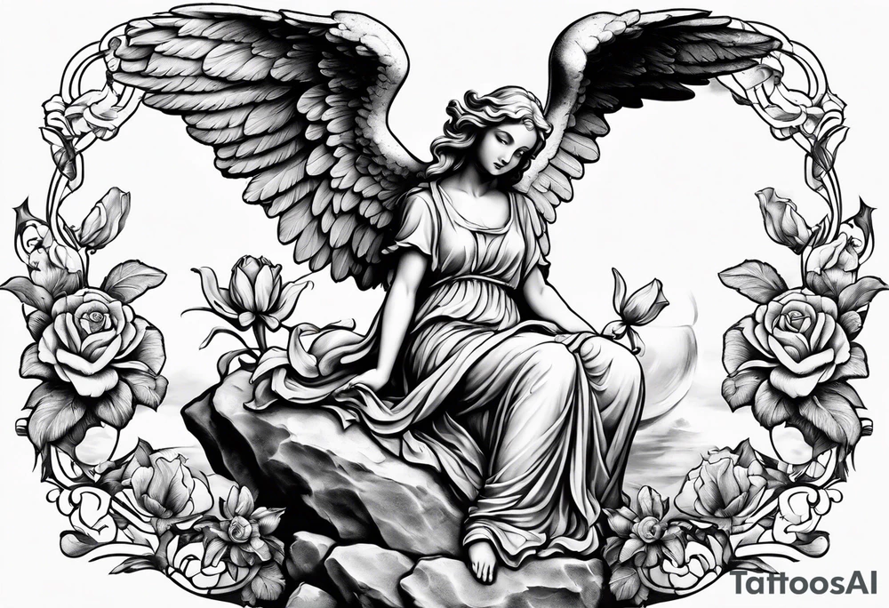 Angel statue stood on a rock with daffodils and roses wrapped around its legs tattoo idea