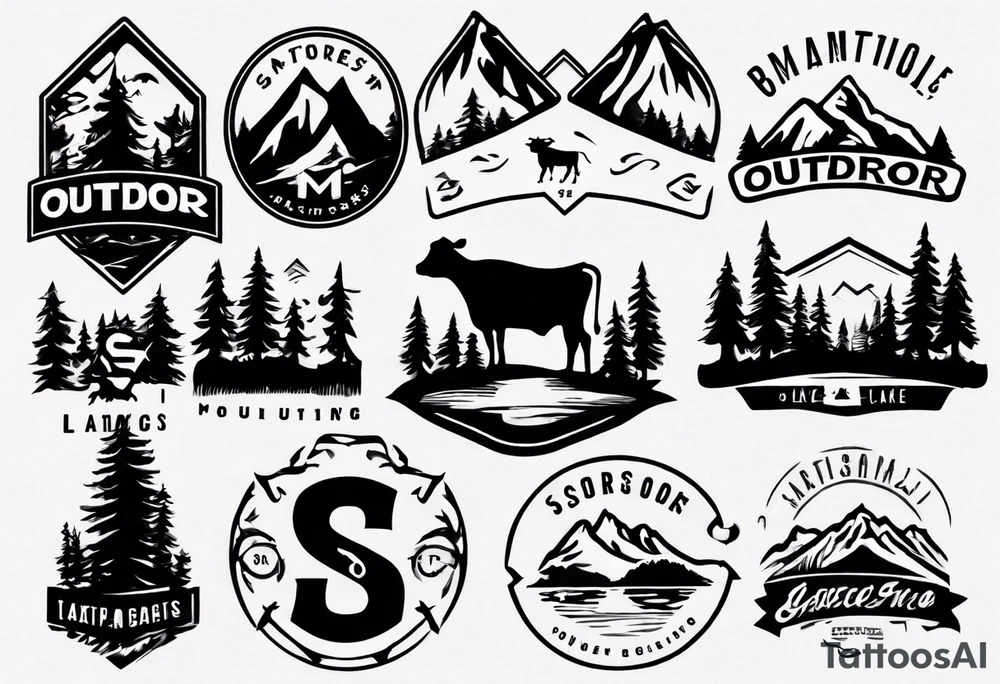 A logo for an outdoors company that includes an "S" and an "M". Includes a mountain, a lake, some trees, and a cow tattoo idea
