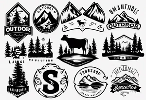 A logo for an outdoors company that includes an "S" and an "M". Includes a mountain, a lake, some trees, and a cow tattoo idea