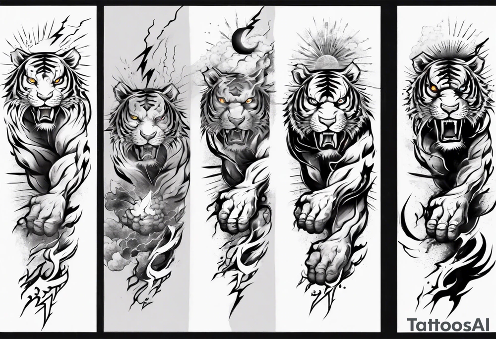 tiger warrior with lightning and the sun for a forearm sleeve tattoo idea
