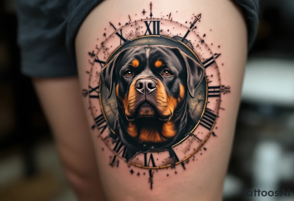 Rottweiler and Clock Tattoo – A wise-looking Rottweiler with a broken Roman numeral clock behind it. Muted browns, gold, and grayscale to create a timeless vibe. tattoo idea