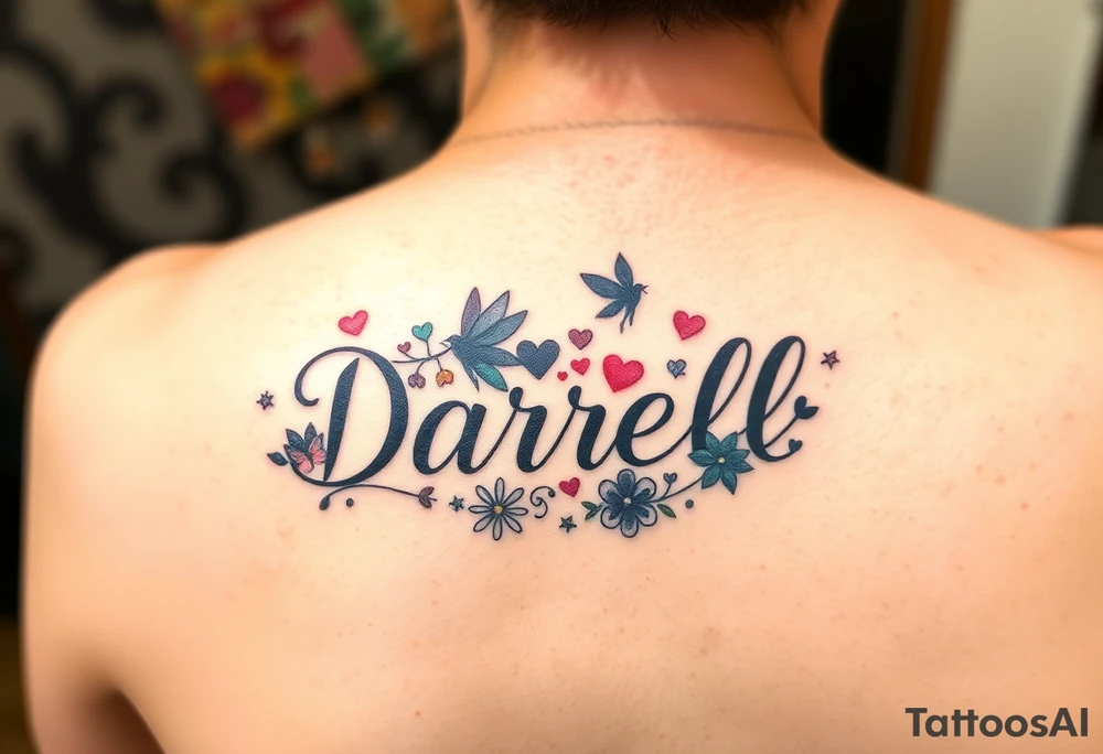"Darrell" in 1 in cute font, inner forarm starting near elbow and going toward wrist, whimsical, bright colors, surrounded with hearts, flowers and fairies tattoo idea