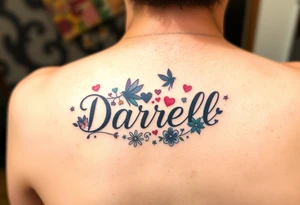 "Darrell" in 1 in cute font, inner forarm starting near elbow and going toward wrist, whimsical, bright colors, surrounded with hearts, flowers and fairies tattoo idea
