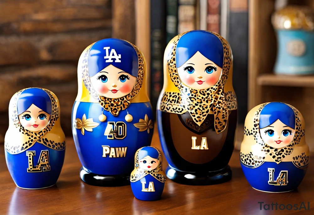 Matryoshka doll family. Father has full beard, blue eyes, short brown hair, loves LA Dodgers. Mother has blonde bob, blue eyes, thick rimmed black glasses, loves leopard print. Son is 4 years old, blue eyes, blonde spiky hair, loves Paw Patrol. Daughter is 2 years old, blue eyes, long eyelashes, short light brown bob, loves Bluey. tattoo idea
