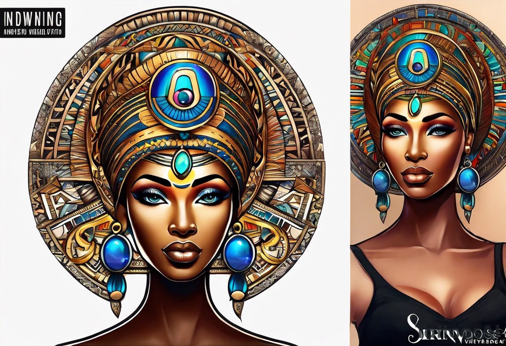 African Goddess wearing the eye of Horus and Ankh symbol tattoo idea