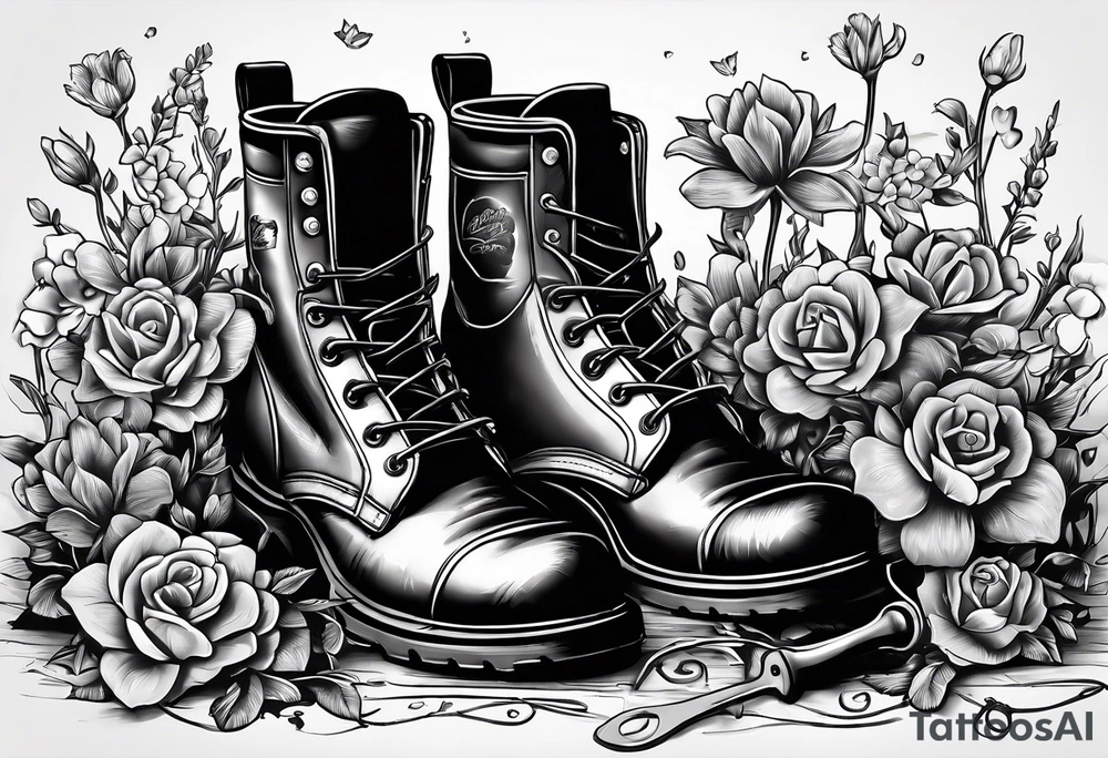 dads worn out work boots sitting with wrench, screwdriver & hammer and a beer around or near it and flowers growing out of the boots. tattoo idea